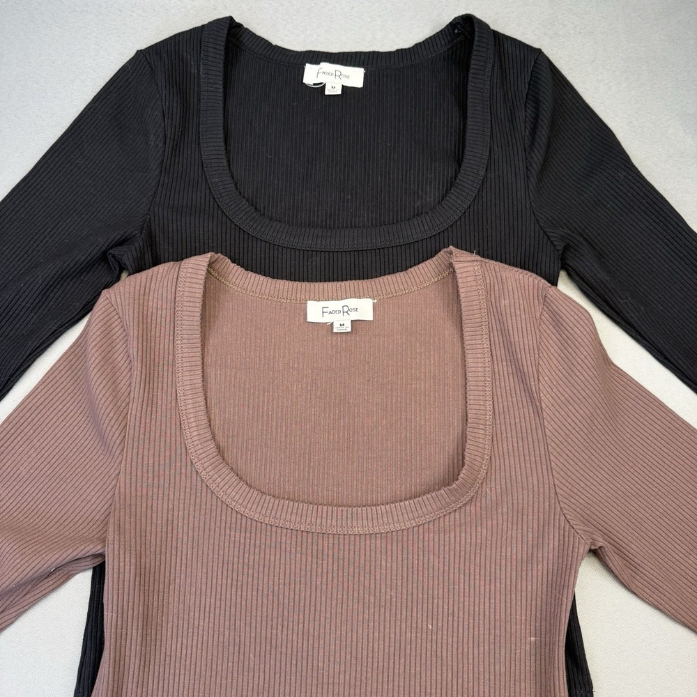 Faded Rose Top Shirt Women's M Ribbed Square Neck Top Brown & Black Bundle L/S